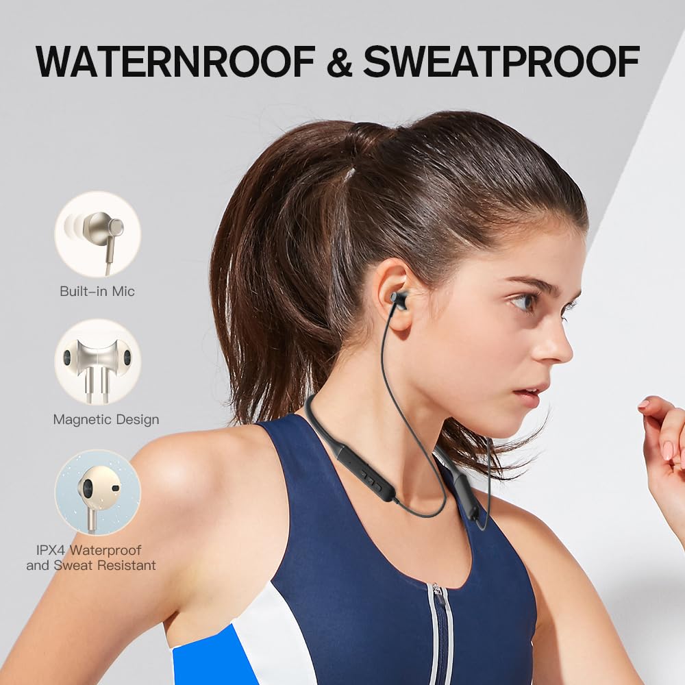 iKF W1 Bluetooth Wireless Earbuds - Sports Magnetic Neckband Wireless Headsets, HiFi Stereo Deep Bass Bluetooth 5.3Earphones IPX4 Waterproof with Mic for Gym Workout Running 25H Playtime（Black）