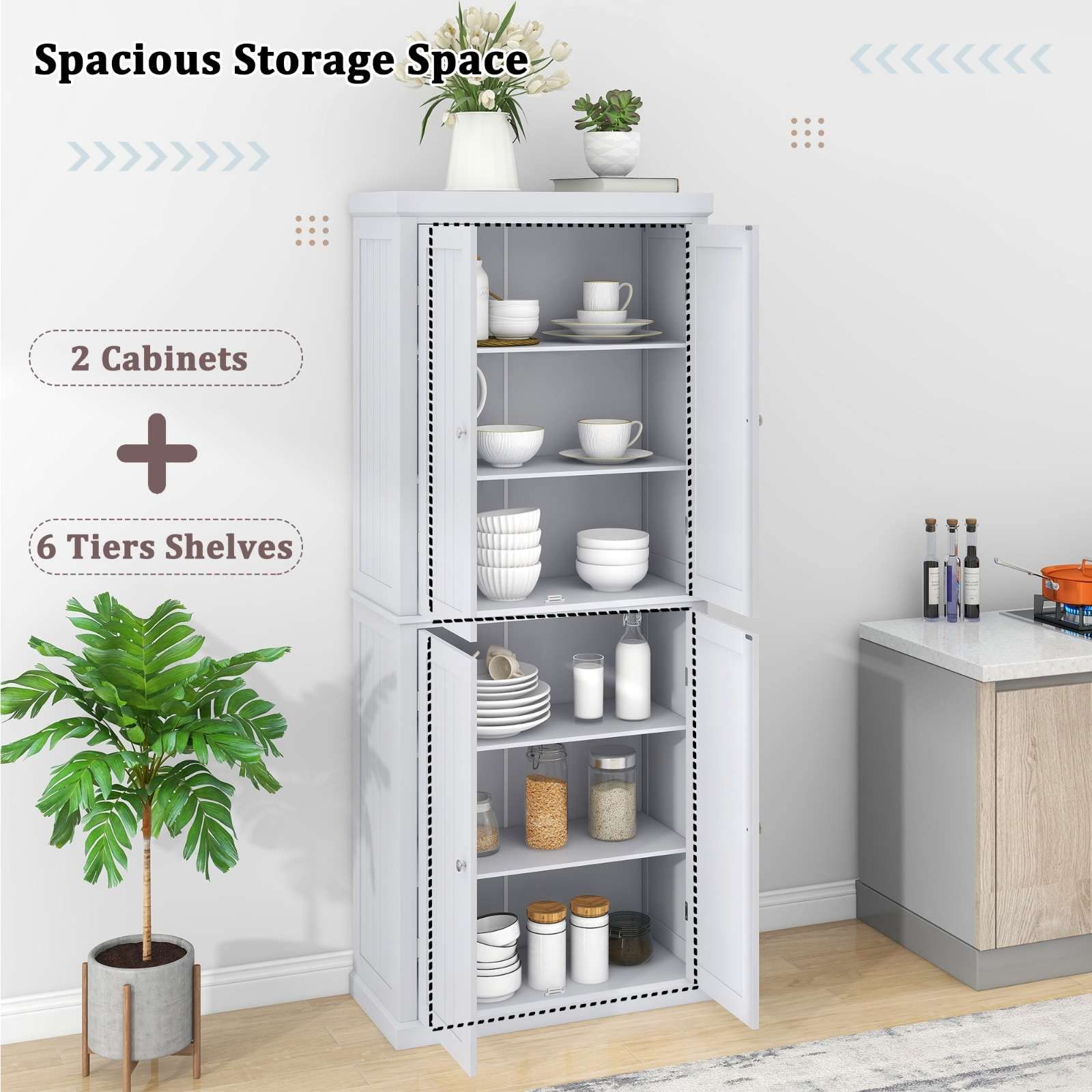 FRITHJILL 72.4 inches Tall Kitchen Pantry, Modern Freestanding Storage Cabinet Organizer with 4 Doors, Adjustable Shelves