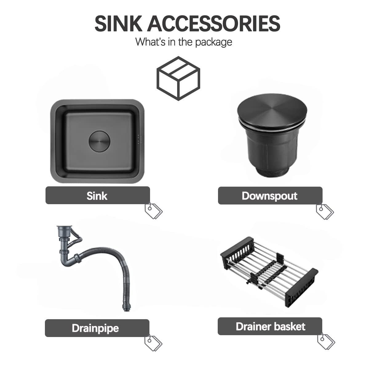 ECTbicyk Stainless Steel Bar Sink,16inch Single Bowl Kitchen Sink, Drop-in kitchen sink with Accessories（black）