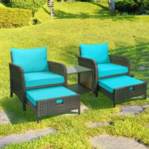 LEVELEVE Balcony Furniture 5 Piece Patio Conversation Set, PE Wicker Rattan Outdoor Lounge Chairs with Soft Cushions 2 Ottoman&Glass Table for Porch, Lawn-Brown Wicker