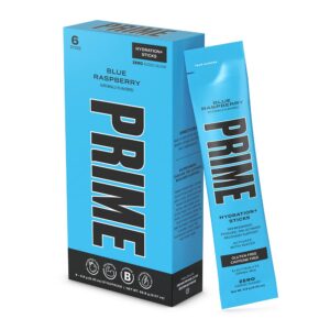 prime hydration+ sticks blue raspberry | hydration powder single serve sticks | electrolyte powder on the go | 250mg bcaas, b vitamins, antioxidants | low sugar | caffeine-free | vegan | 6 sticks