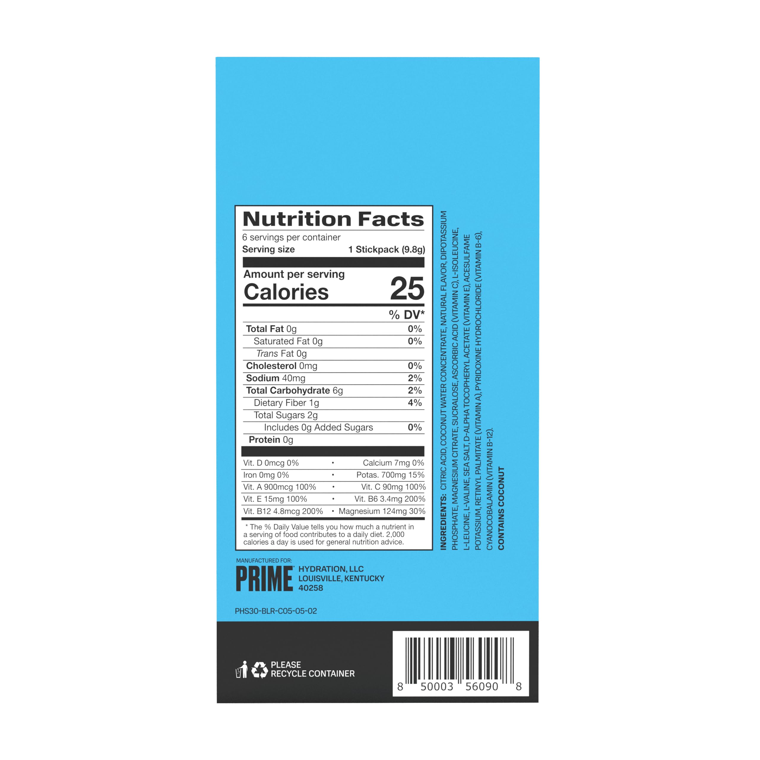 PRIME HYDRATION+ Sticks Blue Raspberry | Hydration Powder Single Serve Sticks | Electrolyte Powder On The Go | 250mg BCAAs, B Vitamins, Antioxidants | Low Sugar | Caffeine-Free | Vegan | 6 Sticks