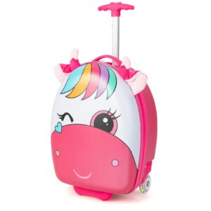 goplus kids luggage, 16’’ carry on suitcase with led wheels, waterproof hard shell, lightweight rolling luggage for travel, birthday christmas gifts for toddlers, children, boys, girls (pink)