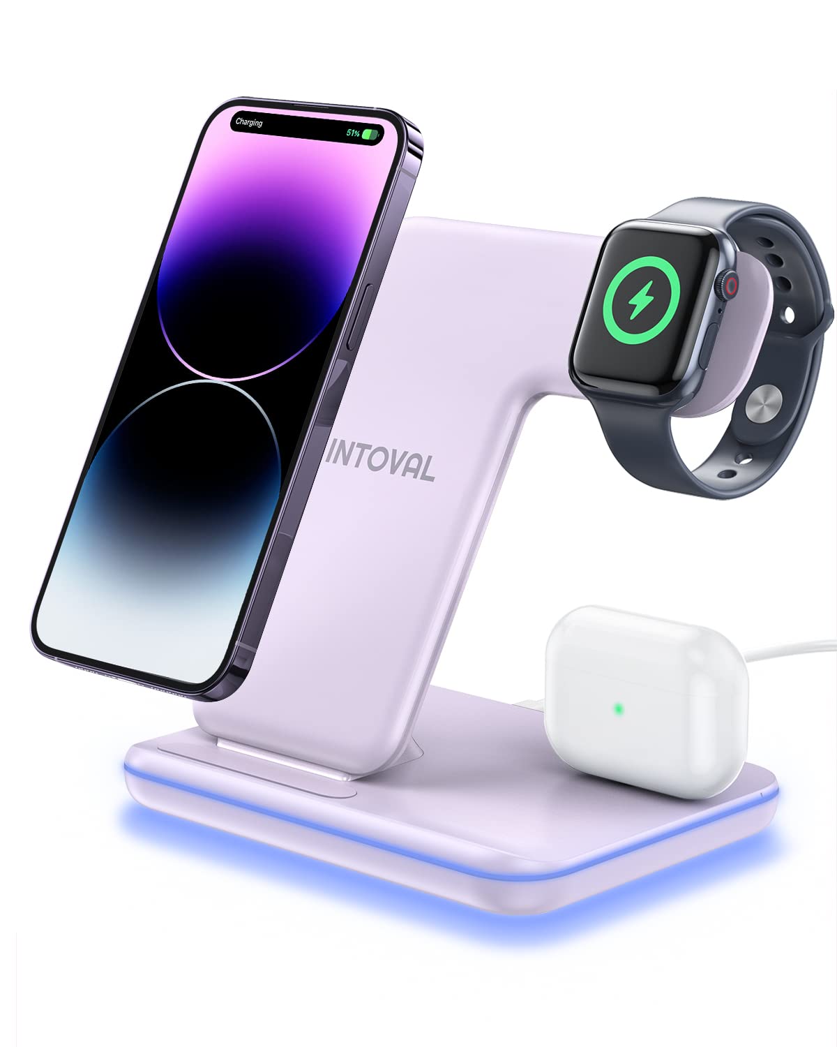 Intoval Charging Station for Apple iPhone/iWatch/Airpods, 3 in 1 Wireless Charger for iPhone15/14/13(Pro, Pro Max) 12/11/XS/XR, iWatch9/8/Ultra/7/6/SE/5/4/3/2, Airpods Pro2/Pro1/3/2/1 (Z5,Lilac)