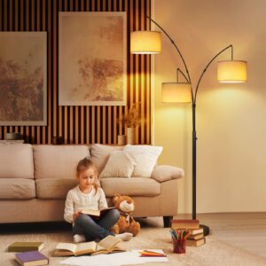 OUTON Arc Led Floor Lamp, Modern Black 3 Light Tall Floor Lamp for Bedroom, 2400lm Mid Century Adjustable Standing Corner Lamps for Living Room Office, 3 LED Bulbs Included, White Lampshade