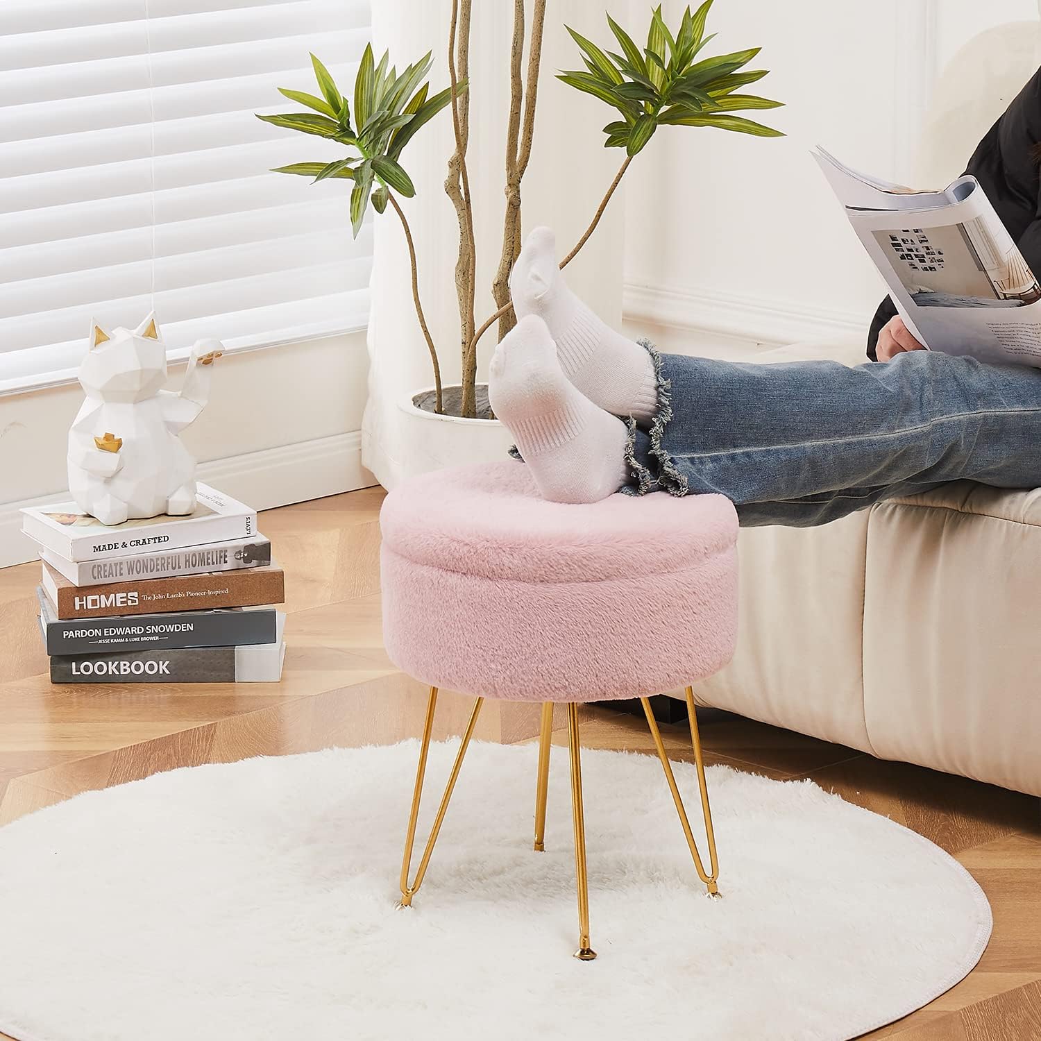 Cplxroc ottomans Round Faux Fur Ottoman with Storage Footstools Vanity Chair Coffee Table Ottoman for Living Room (Pink)