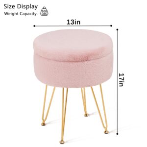 Cplxroc ottomans Round Faux Fur Ottoman with Storage Footstools Vanity Chair Coffee Table Ottoman for Living Room (Pink)