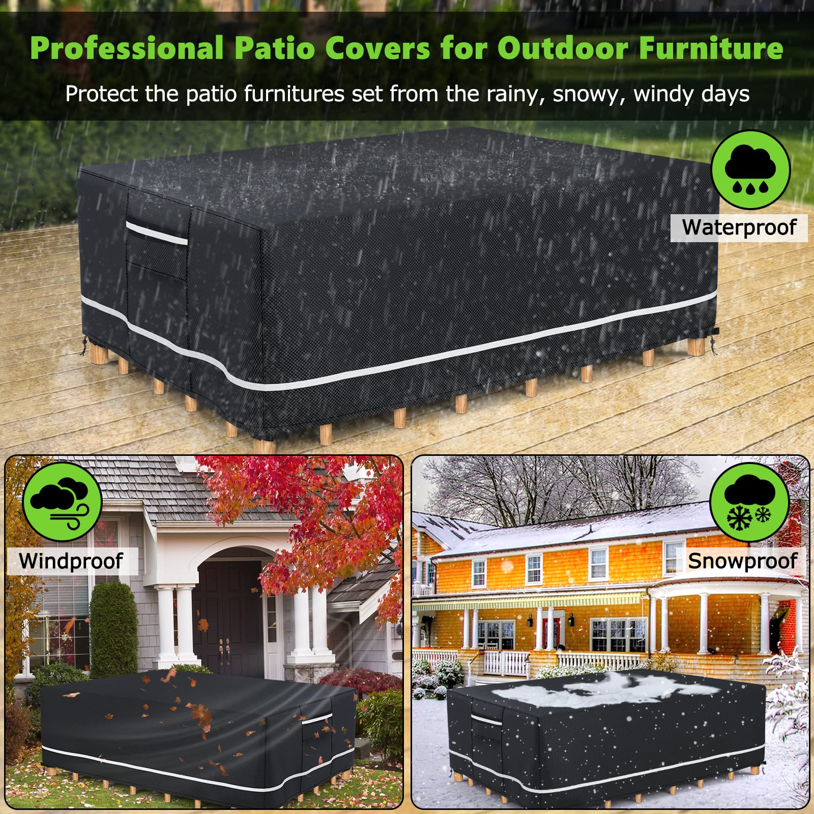 Outdoor Furniture Covers Waterproof, 600D Heavy Duty Patio Furniture Set Cover Outdoor Table and Chair Covers, 126"x126"x28" Square Patio Covers for Outdoor Furniture, Black with White Border