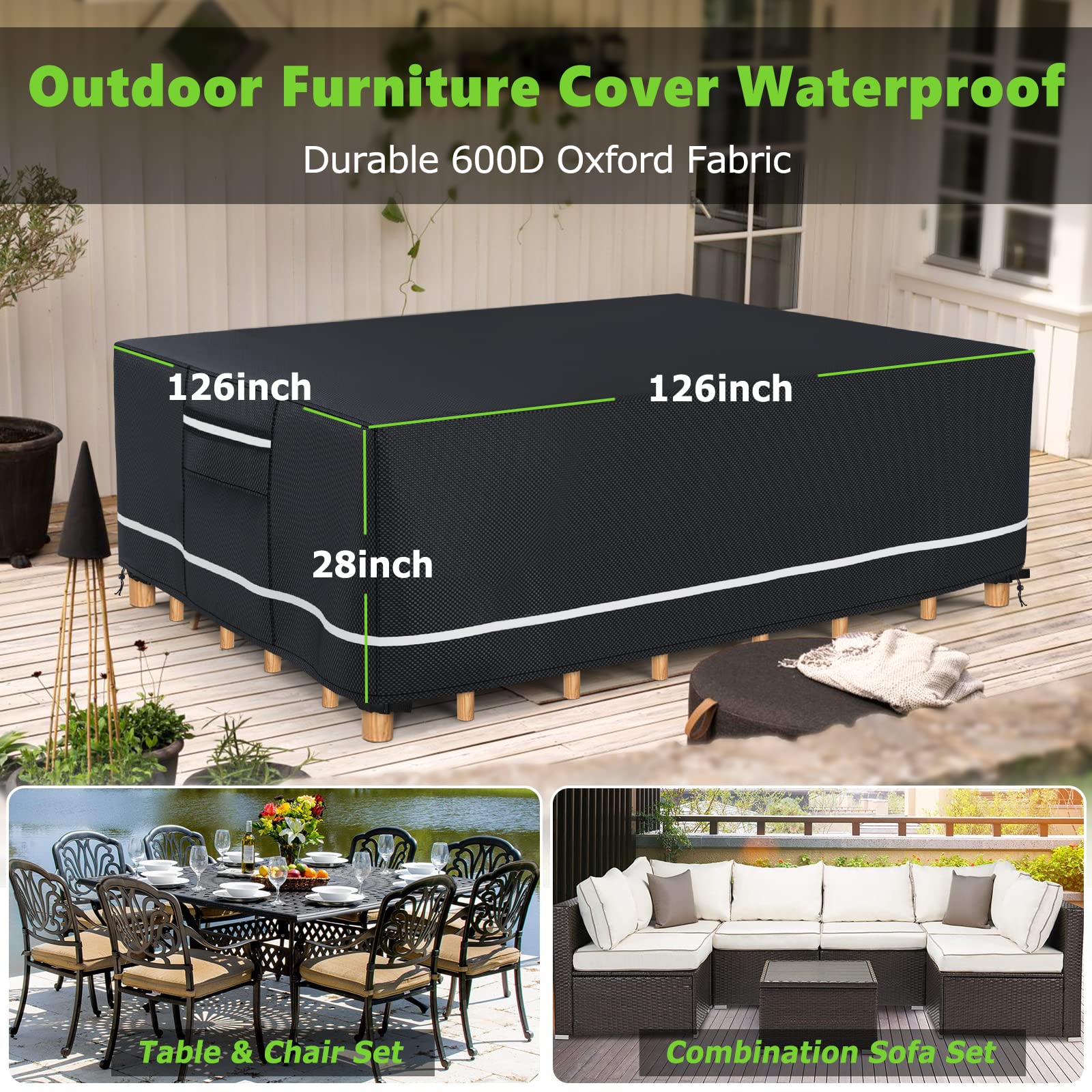 Outdoor Furniture Covers Waterproof, 600D Heavy Duty Patio Furniture Set Cover Outdoor Table and Chair Covers, 126"x126"x28" Square Patio Covers for Outdoor Furniture, Black with White Border