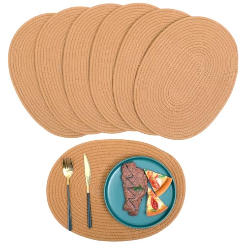 DAJAMAI Jute Woven Oval Placemats Set of 6, Brown Plate Charger 12x16 inches Jute Heat Resistant Non-Slip Weave Placemats Farmhouse Straw Braided Rattan Tablemats Wicker Placemats for Dining Table