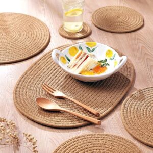 DAJAMAI Jute Woven Oval Placemats Set of 6, Brown Plate Charger 12x16 inches Jute Heat Resistant Non-Slip Weave Placemats Farmhouse Straw Braided Rattan Tablemats Wicker Placemats for Dining Table