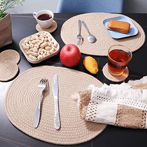 DAJAMAI Jute Woven Oval Placemats Set of 6, Brown Plate Charger 12x16 inches Jute Heat Resistant Non-Slip Weave Placemats Farmhouse Straw Braided Rattan Tablemats Wicker Placemats for Dining Table