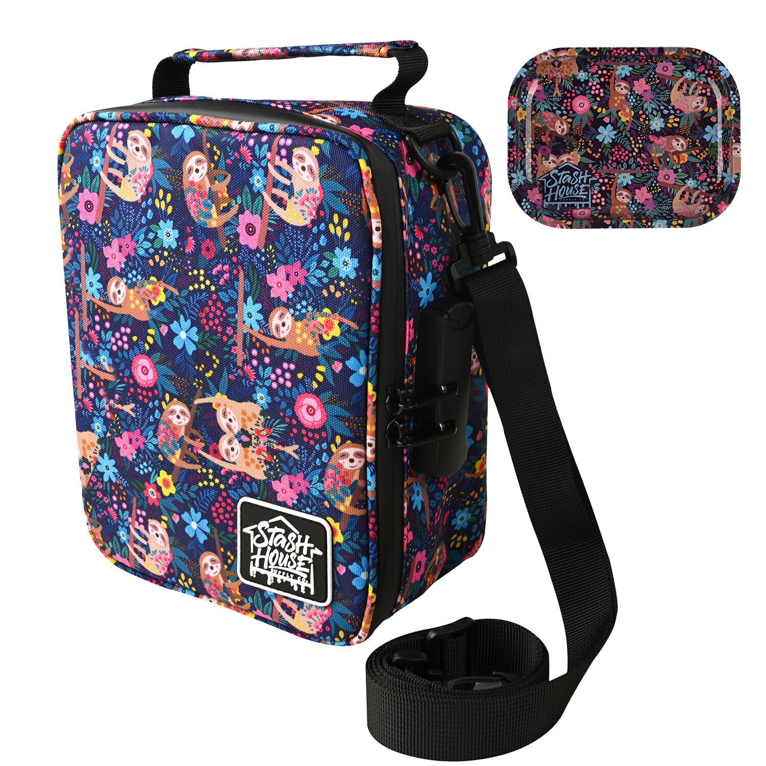 Stash House OG Sloth Locking Smell Proof Bag with Tray and Shoulder Strap. Includes 3 Digit Combo Lock - 100% Smell Proof