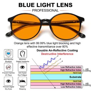 LIKSMU 99.99% Blue Light Blocking Glasses Computer Glasses for Gaming TV Phone Sleeping Glasses Women Men Professional Filter Anti Eyestrain Vintage Round Eyewear Light Black Frame Orange Amber Lens