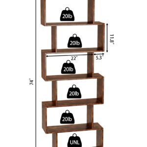 Yusong Geometric Bookcase, Bookshelf 6-Tier S Shaped Book Shelves for Bedroom, Modern Wood Decorative Display Shelf Tall Book Case for Home Office, Rustic Brown