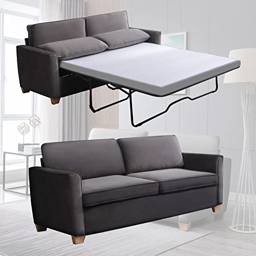 Mixoy Queen Size Pull Out Sofa Bed, Velvet Sofa with Pull Out Bed, Sleeper Sofa with Foam Mattress, 2-in-1 Sleeper Couch Bed for Living Room, Apartment, Small Spaces (Dark Grey)