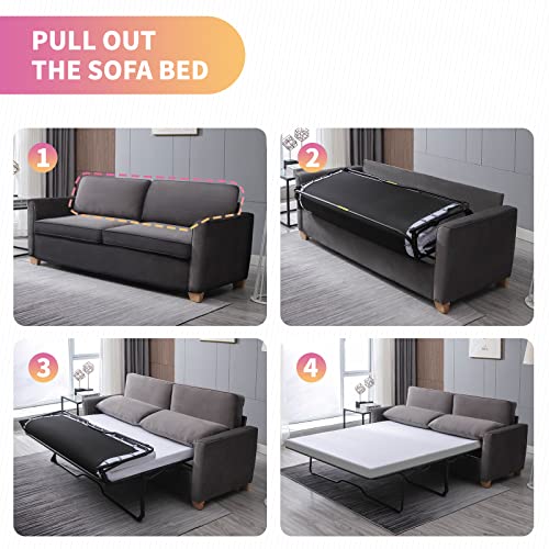 Mixoy Queen Size Pull Out Sofa Bed, Velvet Sofa with Pull Out Bed, Sleeper Sofa with Foam Mattress, 2-in-1 Sleeper Couch Bed for Living Room, Apartment, Small Spaces (Dark Grey)