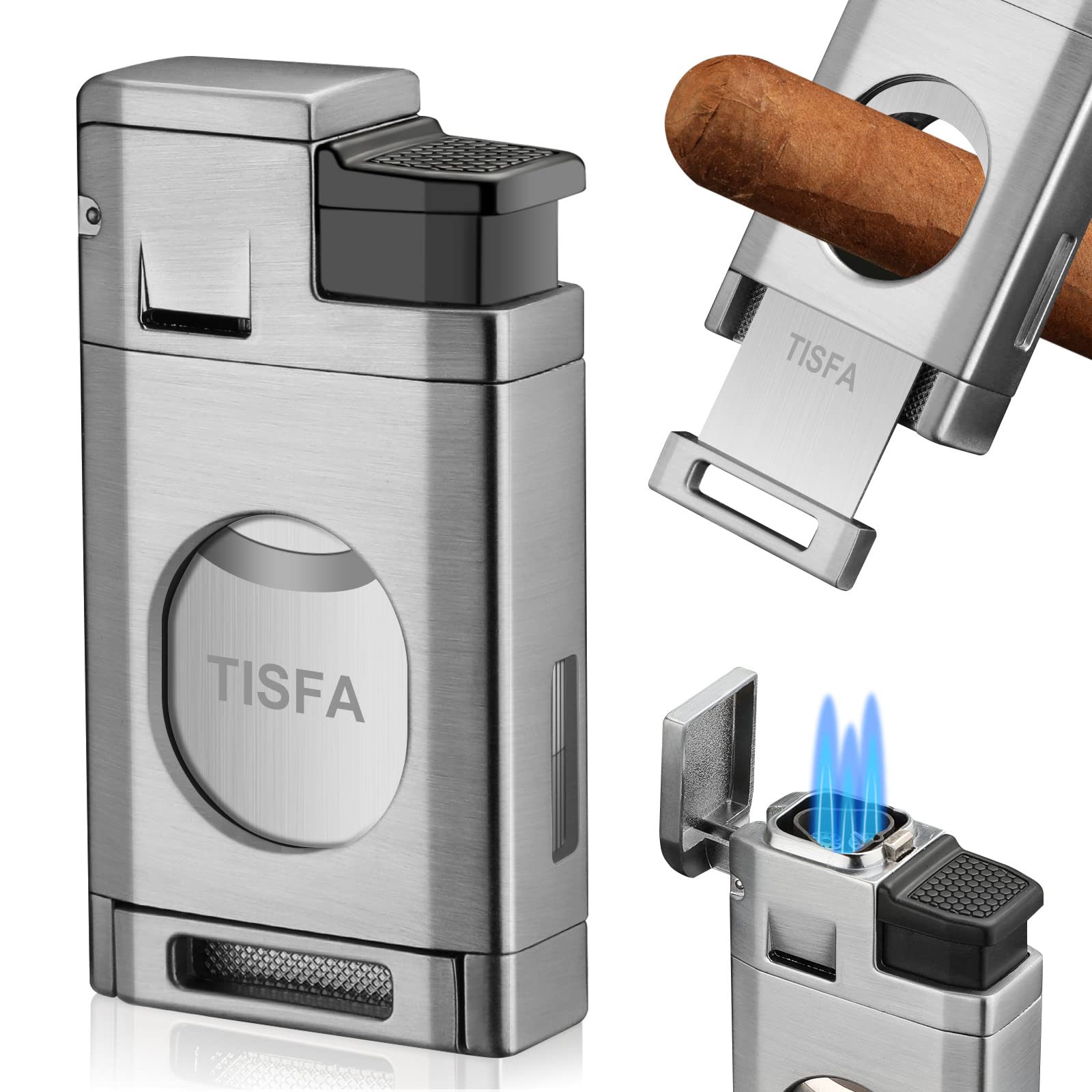 TISFA Cigar Torch Lighter, Cigar Lighter with Built in Cigar Cutter, Triple Jet Flame Butane Lighter with Visible Window, Refillable Butane Windproof Lighters (Silver)