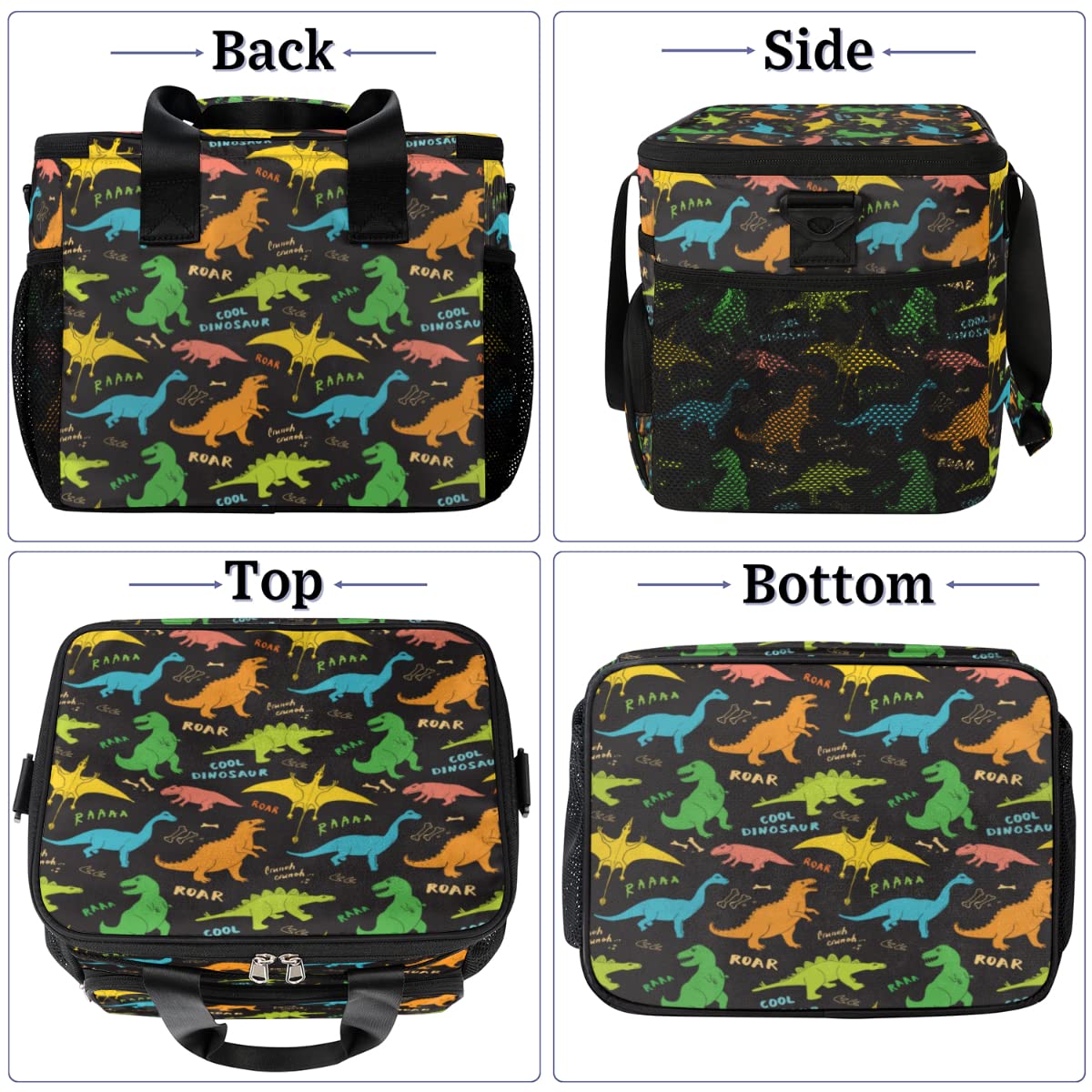 AUUXVA Insulated Cooler Lunch Bag Cute Dinosaur Colorful Lunch Box Leakproof Large Tote Bag Reusable for Women Men Picnic Travel (15L)