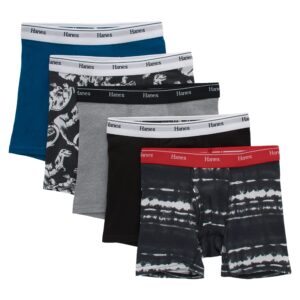 hanes boys' big boxer briefs, moisture-wicking cotton stretch underwear, 5-pack, blue/black/pattern assorted