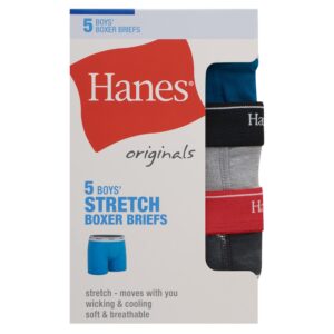 Hanes Boys' Big Boxer Briefs, Moisture-Wicking Cotton Stretch Underwear, 5-Pack, Blue/Black/Pattern Assorted