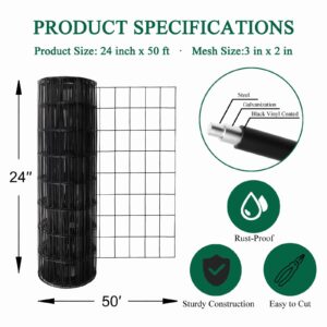 FOREHOGAR Black PVC Coated Welded Wire Fence 24 Inch x 50 Foot, 2 Inch x 3 Inch 16GA, Garden Border Fencing Roll Vinyl Coating Metal Wire Mesh for Yard Vegetable Plant Protection Poultry Netting