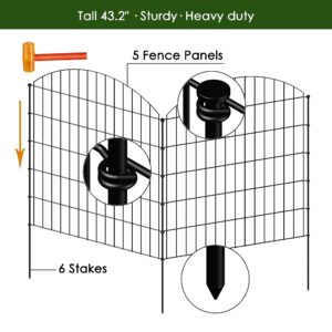 FOREHOGAR Decorative Metal Garden Fence Outdoor CTW3643, 43.2in H x 14.75 ft L, No Dig Temporary Dog Fence Border Fencing for Yard Patio Landscape Flower Bed,5 Panels + 6 Stakes, Black