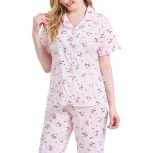 GLOBAL Women's 100% Cotton Pajama Sets | Two-Piece Soft Short-Sleeved and Long Pants PJs for Spring and Summer | Button Down Front Top and Drawstring Waist Bottom Nightwear