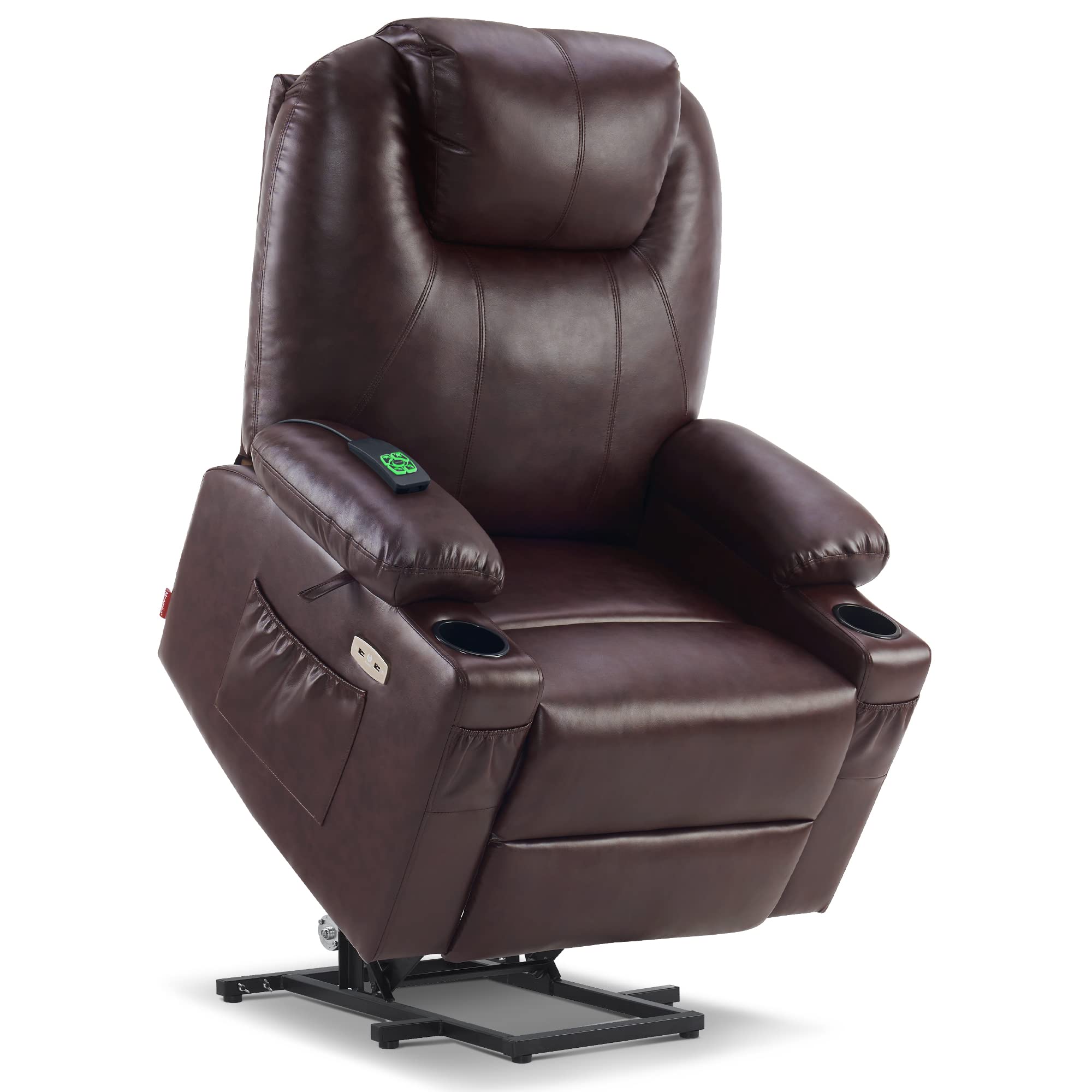 MCombo Large Lay Flat Dual Motor Power Lift Recliner Chair Sofa with Massage and Heat, USB Ports, Extended Footrest, for Elderly People, Infinite Position, Faux Leather 7815 (Dark Brown)