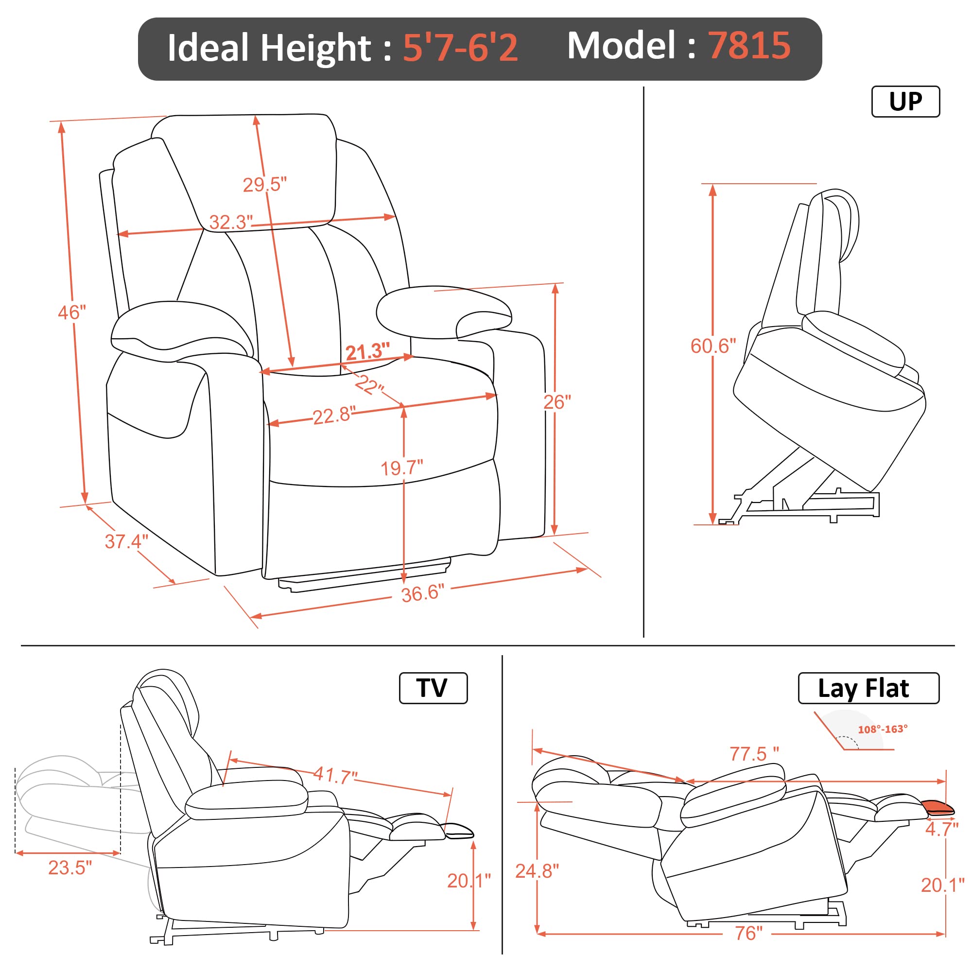 MCombo Large Lay Flat Dual Motor Power Lift Recliner Chair Sofa with Massage and Heat, USB Ports, Extended Footrest, for Elderly People, Infinite Position, Faux Leather 7815 (Dark Brown)