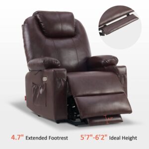 MCombo Large Lay Flat Dual Motor Power Lift Recliner Chair Sofa with Massage and Heat, USB Ports, Extended Footrest, for Elderly People, Infinite Position, Faux Leather 7815 (Dark Brown)