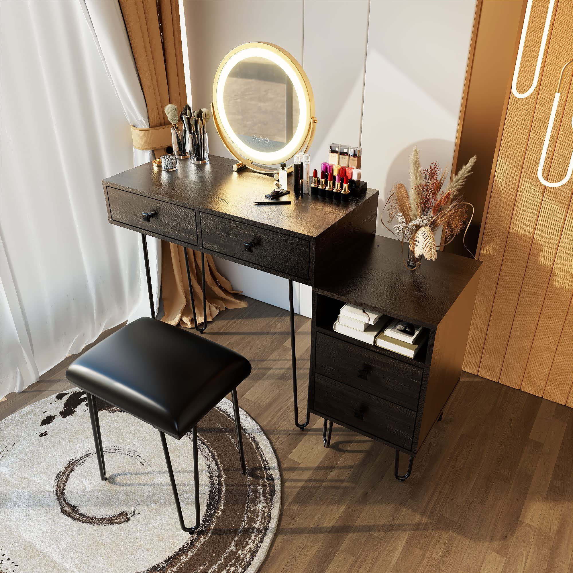 AVZEAR Dressing Table, Vanity Table with Lighted Mirror Makeup Dressing Table with Large Drawer and 4-Drawer Chest, 3-Color Touch Screen Dimmable Mirror with Cushioned Stool (Black)