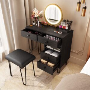 AVZEAR Dressing Table, Vanity Table with Lighted Mirror Makeup Dressing Table with Large Drawer and 4-Drawer Chest, 3-Color Touch Screen Dimmable Mirror with Cushioned Stool (Black)