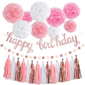 rubfac rose gold pink birthday party decorations set with happy birthday banner, tissue paper pompoms, circle dots garland and paper tassels garland for birthday party decorations women girls