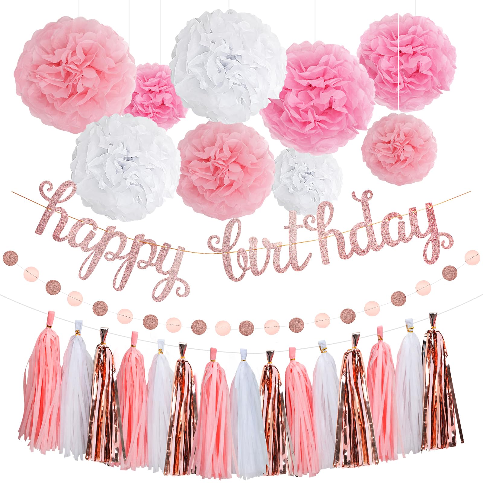 RUBFAC Rose Gold Pink Birthday Party Decorations Set with Happy Birthday Banner, Tissue Paper Pompoms, Circle Dots Garland and Paper Tassels Garland for Birthday Party Decorations Women Girls