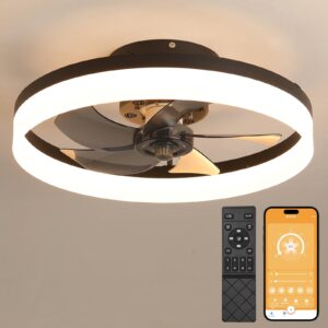 19.6" ceiling fans with lights, semi-enclosed flush mount low profile ceiling fan for safe use, 6 speeds, reversible, led dimmable, 3 color temperature optional, dc motor,with remote (minimalist)