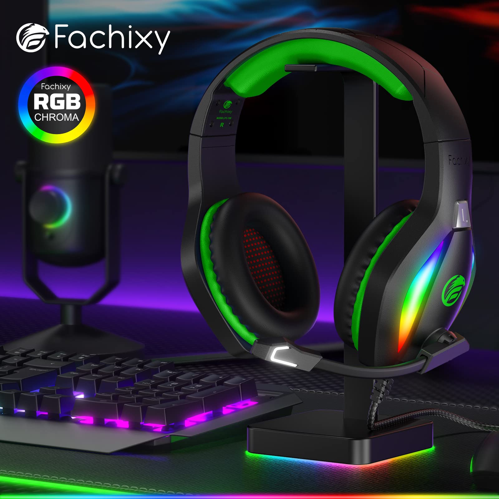 Fachixy「2024 NEW」FC100 Gaming Headset with Microphone for PS4/PS5/PC/Nintendo Switch, Xbox One Headset with RGB Light, Computer Gamer Headset with Mic