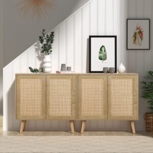 Anmytek Rattan Cabinet, 2 Door Sideboard Buffet Cabinet with Adjustable Shelf Wood Storage Cabinet for Living Room Dining Room Kitchen Hallway Entryway，H0082