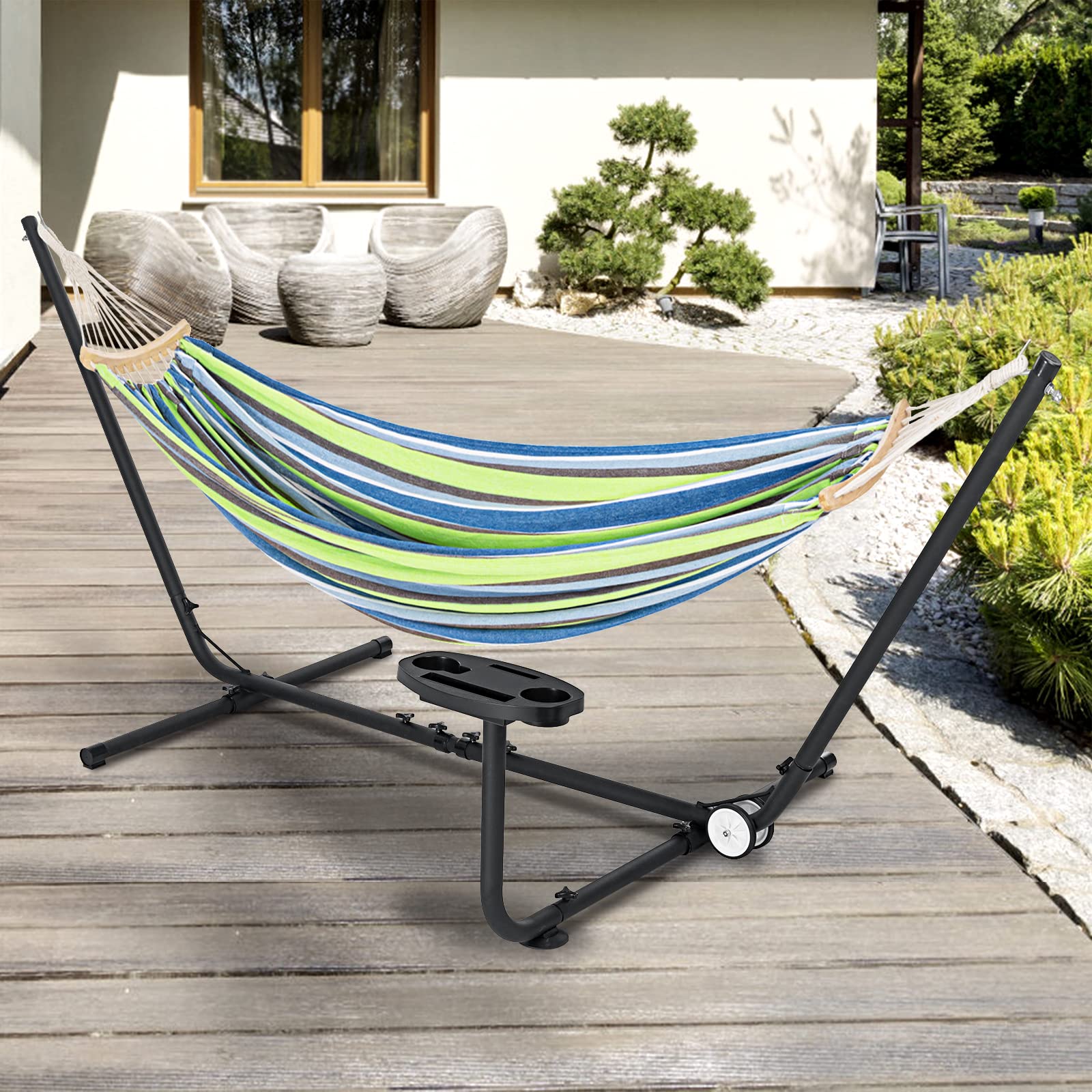 Garpans Double Hammock Adjustable Length 9-11ft, Portable Hammock Stand with Built-in Wheel, Heavy Duty Steel Up to 550lbs Weight Capacity with Carrying Bag for Outdoor Indoor Garden Yard Blue