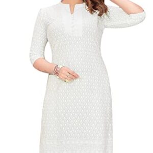 ladyline Rayon Chikhan Schiffli Embroidered Kurti for Womens Tunic Top Indian Kurta (L/White/42)