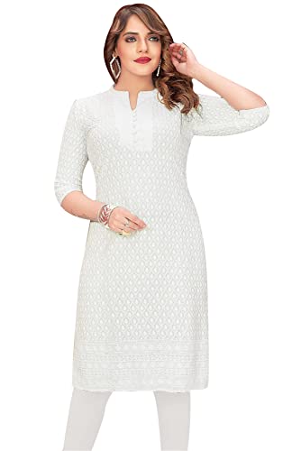 ladyline Rayon Chikhan Schiffli Embroidered Kurti for Womens Tunic Top Indian Kurta (L/White/42)