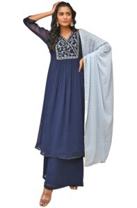 janasya indian women's navy blue georgette embroidered kurta with flared palazzo and dupatta