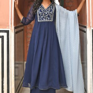 Janasya Indian Women's Navy Blue Georgette Embroidered Kurta with Flared Palazzo and Dupatta