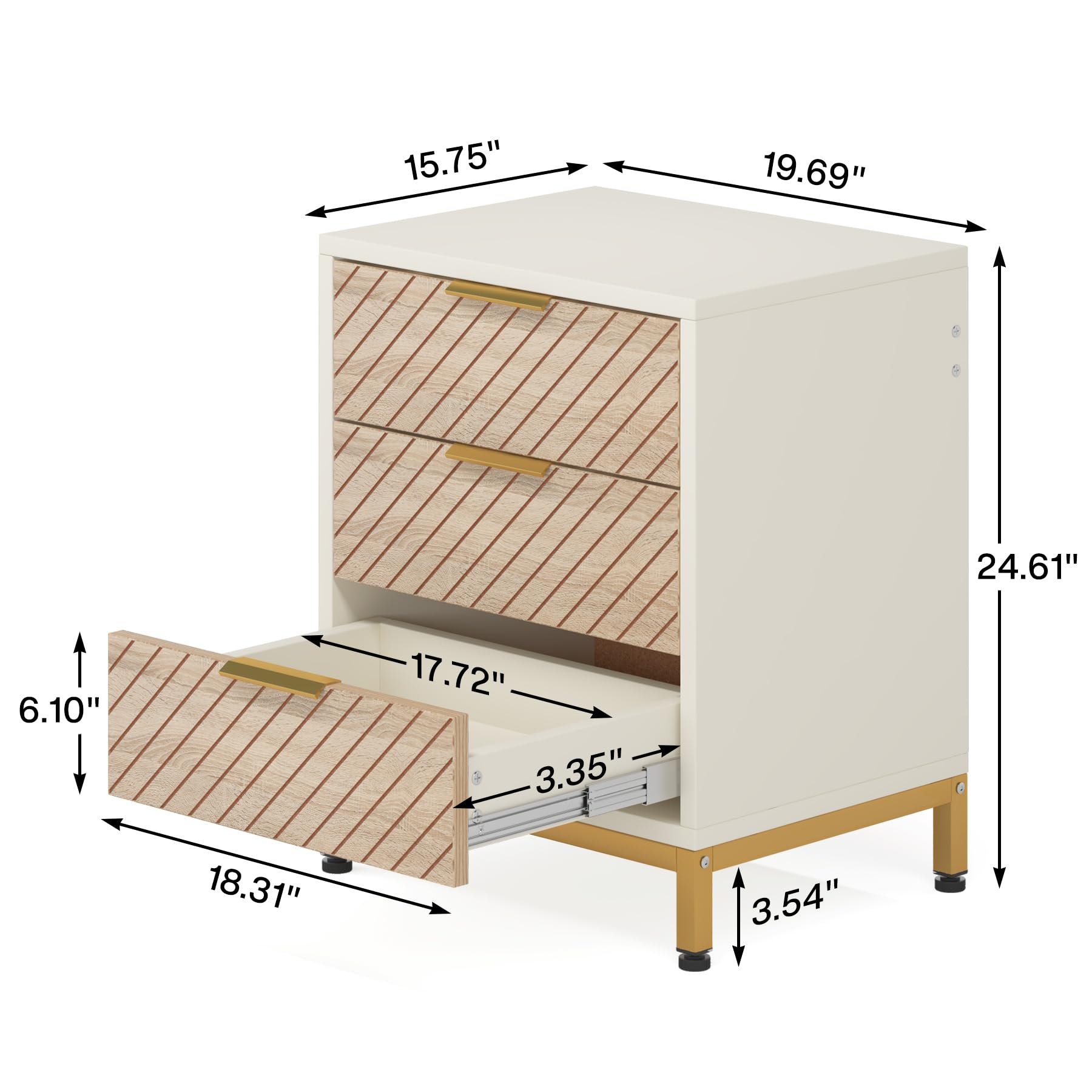 Tribesigns Night Stands for Bedrooms, White and Gold Light Wood Grain Nightstands with 3 Drawers Bedside End Tables Storage for Bedroom