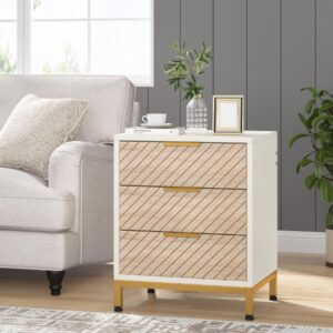 Tribesigns Night Stands for Bedrooms, White and Gold Light Wood Grain Nightstands with 3 Drawers Bedside End Tables Storage for Bedroom