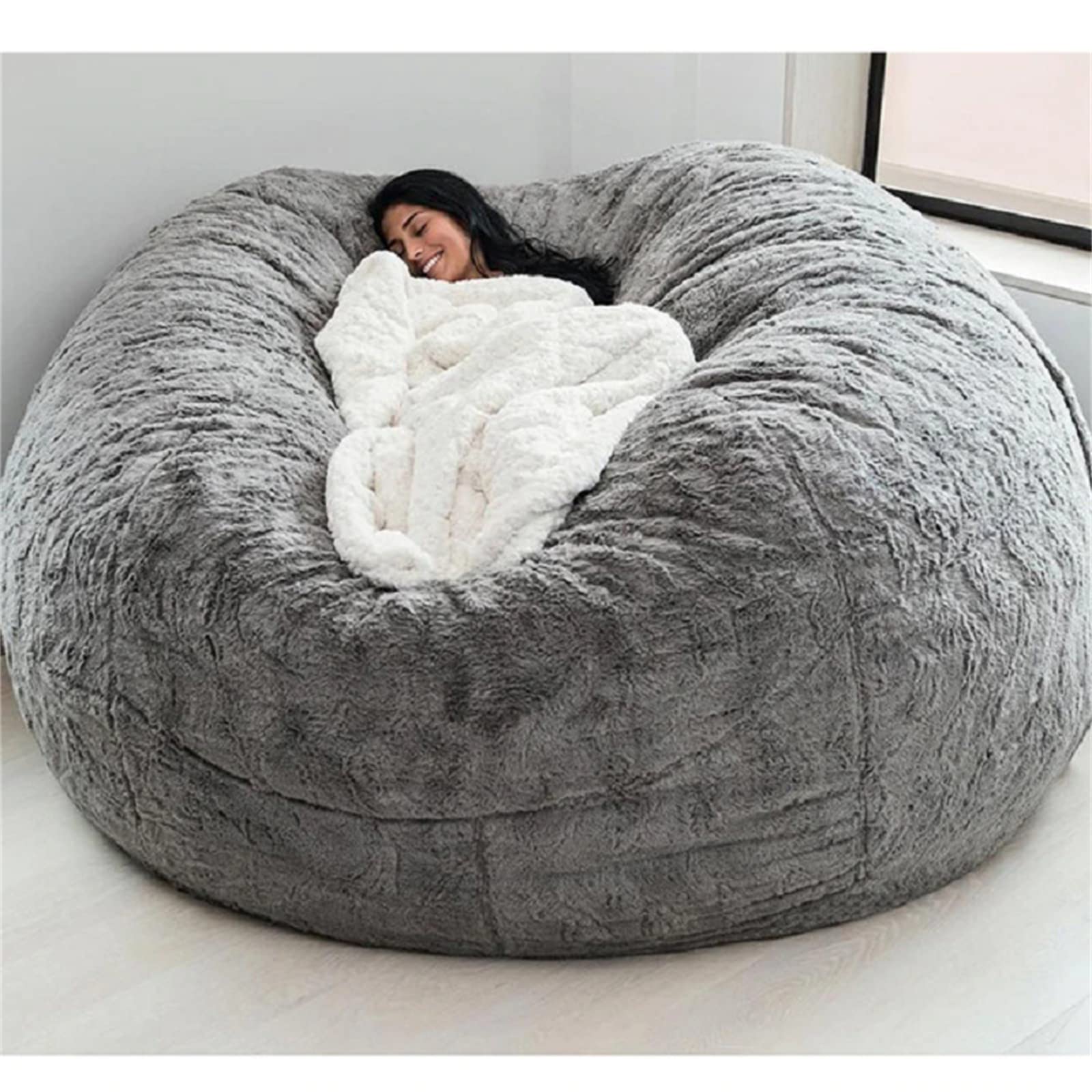 Giant Fur Bean Bag Chair Cover for Kids Adults, (No Filler) Living Room Furniture Big Round Soft Fluffy Faux Fur Beanbag Lazy Sofa Bed Cover (Light Grey, 5FT)