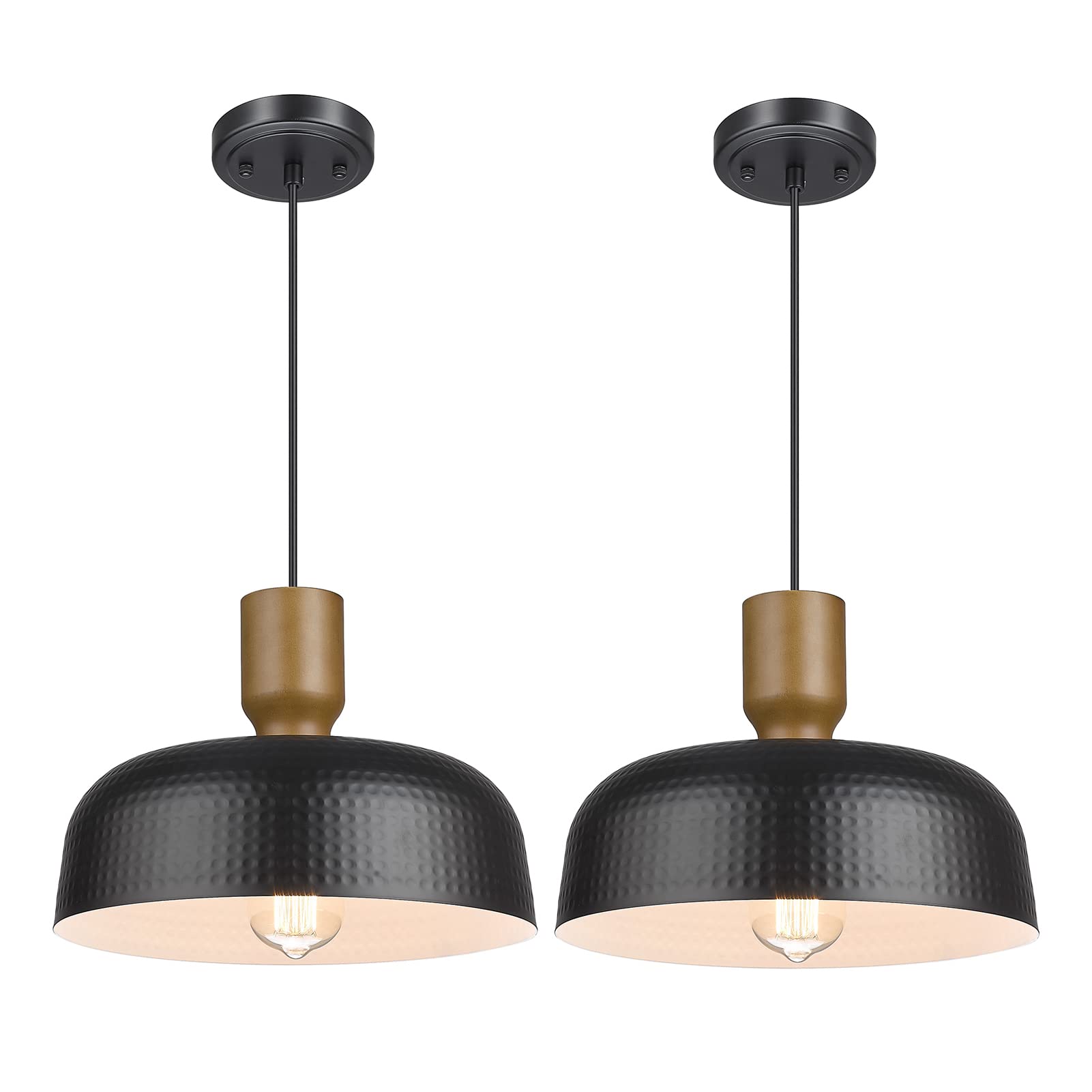 Darkaway Industrial Pendant Light Fixtures Ceiling Hanging with Hammered Metal Shade, Black Pendant Light for Kitchen Island Lighting Hanging Lamp Adjustable Height, Medium 2 Pack