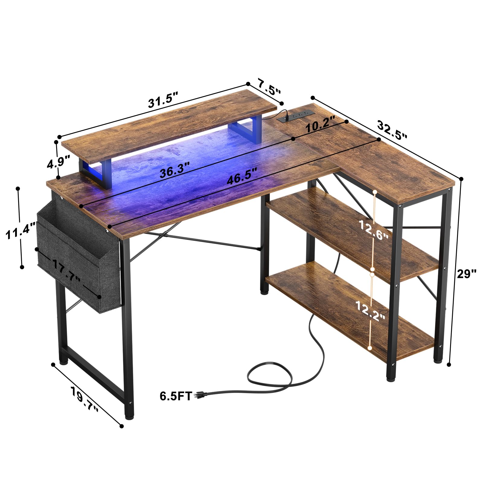 Homieasy L Shaped Computer Desk with LED Strip & Power Strip, 47 Inch Corner Desk with Monitor Stand Reversible Storage Shelves, Modern Simple Home Office Gaming Desk with Storage Bag(Rustic Brown)