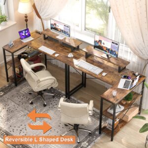 Homieasy L Shaped Computer Desk with LED Strip & Power Strip, 47 Inch Corner Desk with Monitor Stand Reversible Storage Shelves, Modern Simple Home Office Gaming Desk with Storage Bag(Rustic Brown)