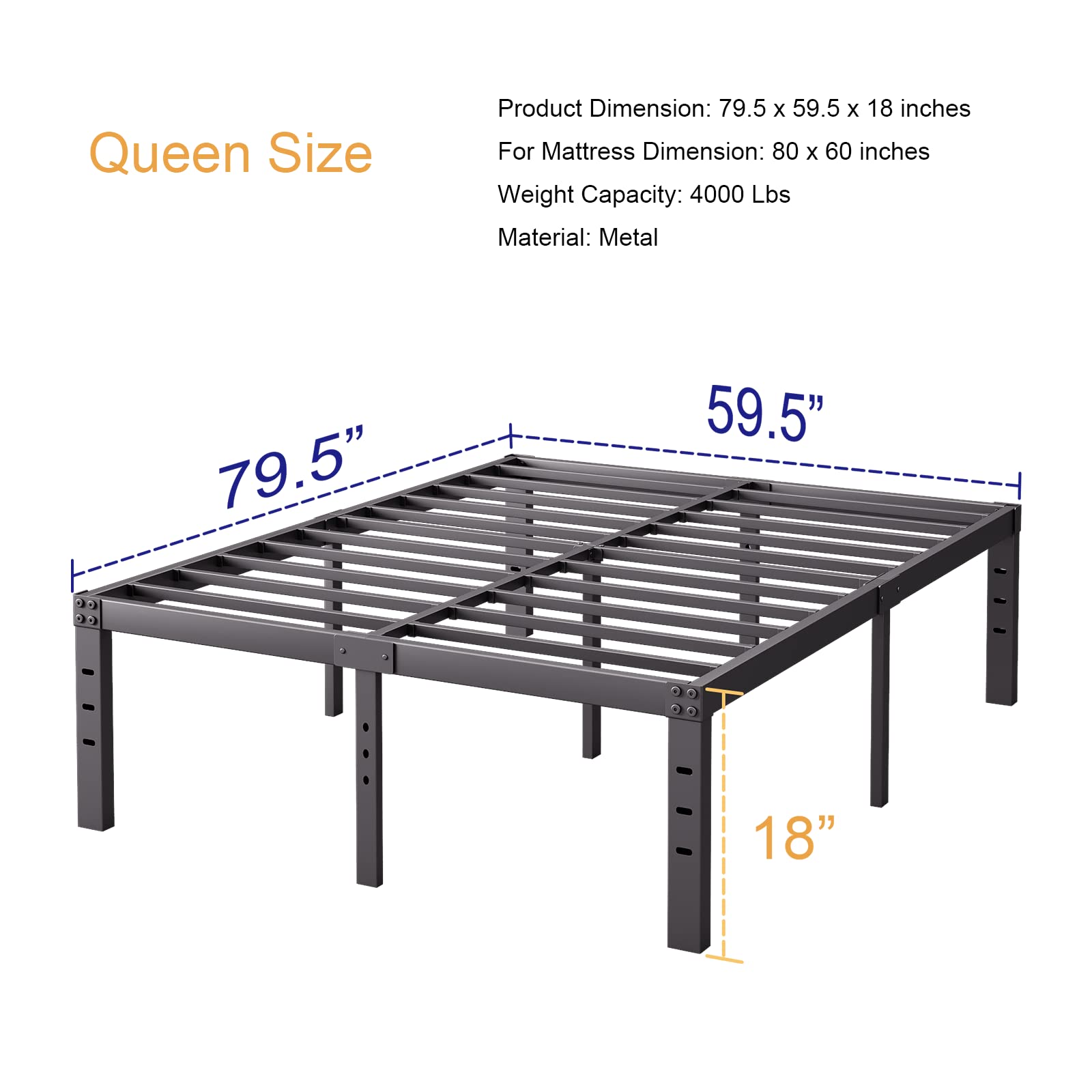 Bednowitz Bed Frames Full, 18 Inch High Metal Bed Frame, Noise-Free Platform Bed No Box Spring Needed, 4000lbs Heavy Duty Support Mattress Foundation, Easy Assembly, Black